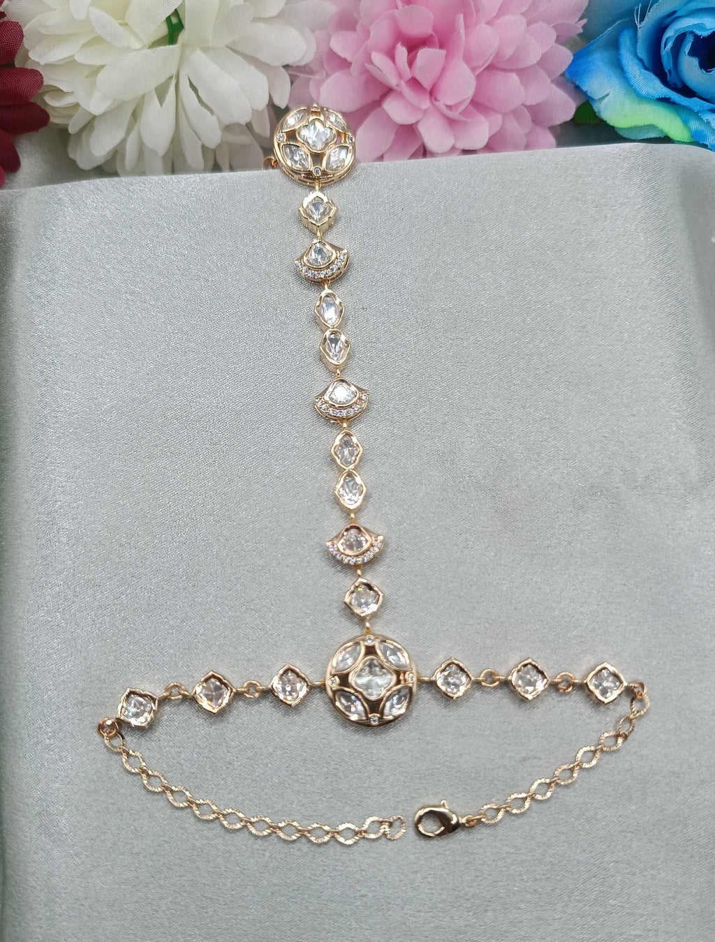 Pushpika Blossom Kundan Moissanite Hathpan for Women | Adjustable Floral Crystal Hand Jewellery | Shree Shani Jewels