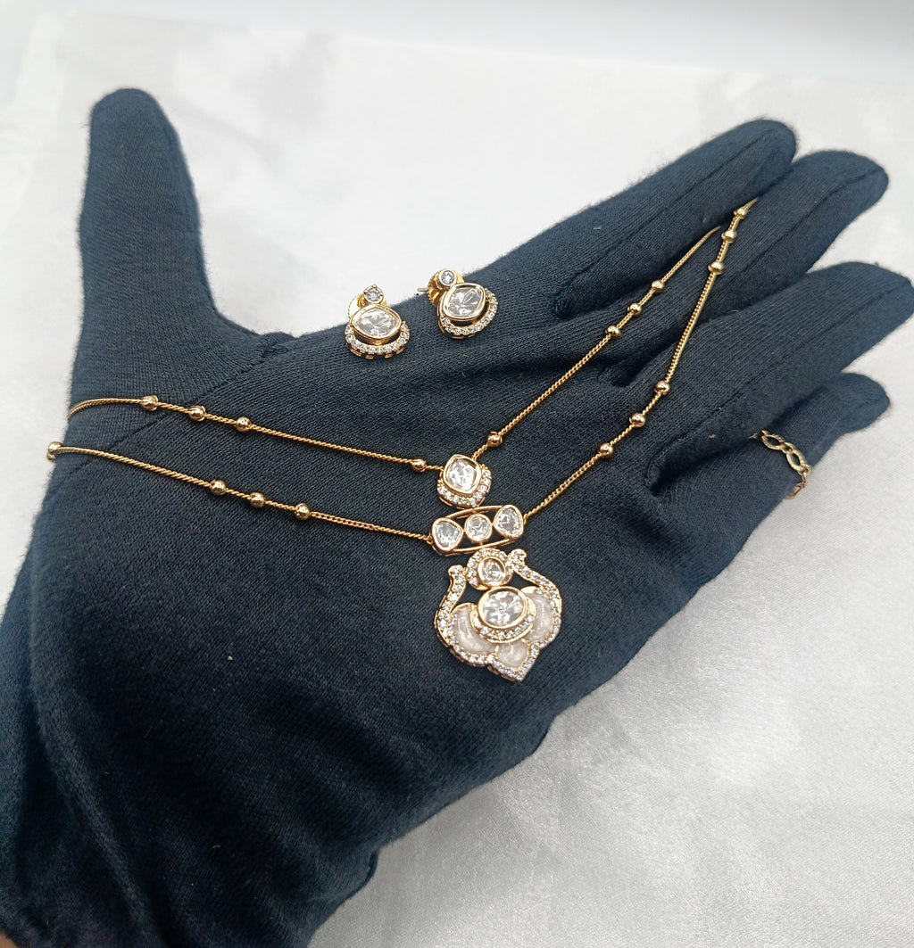 Ivory Bras Gold Plated Double Chain Kundan Moissanite Pendant Set