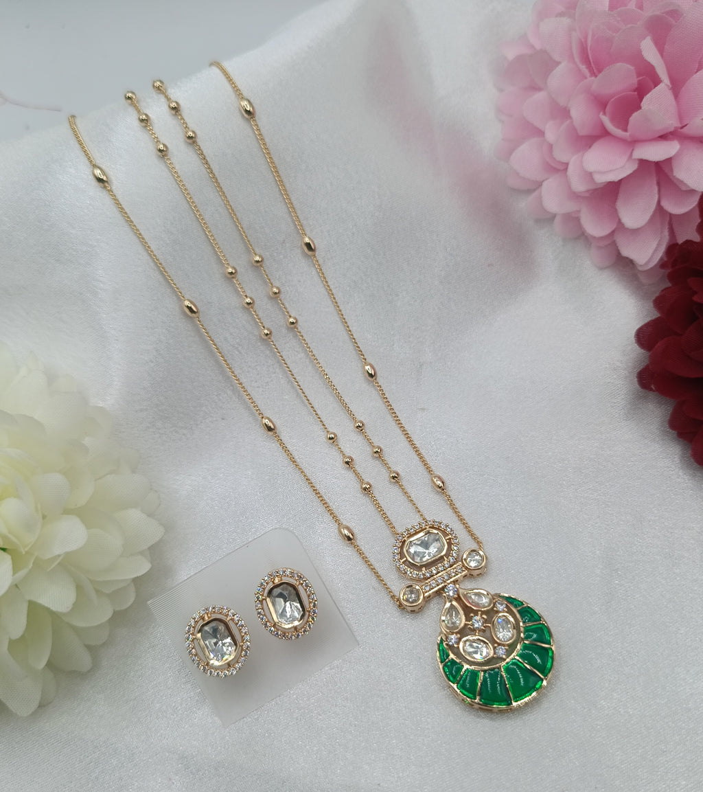 Yuktika Emerald Gold Plated Double Chain Kundan Moissanite Pendant Set
