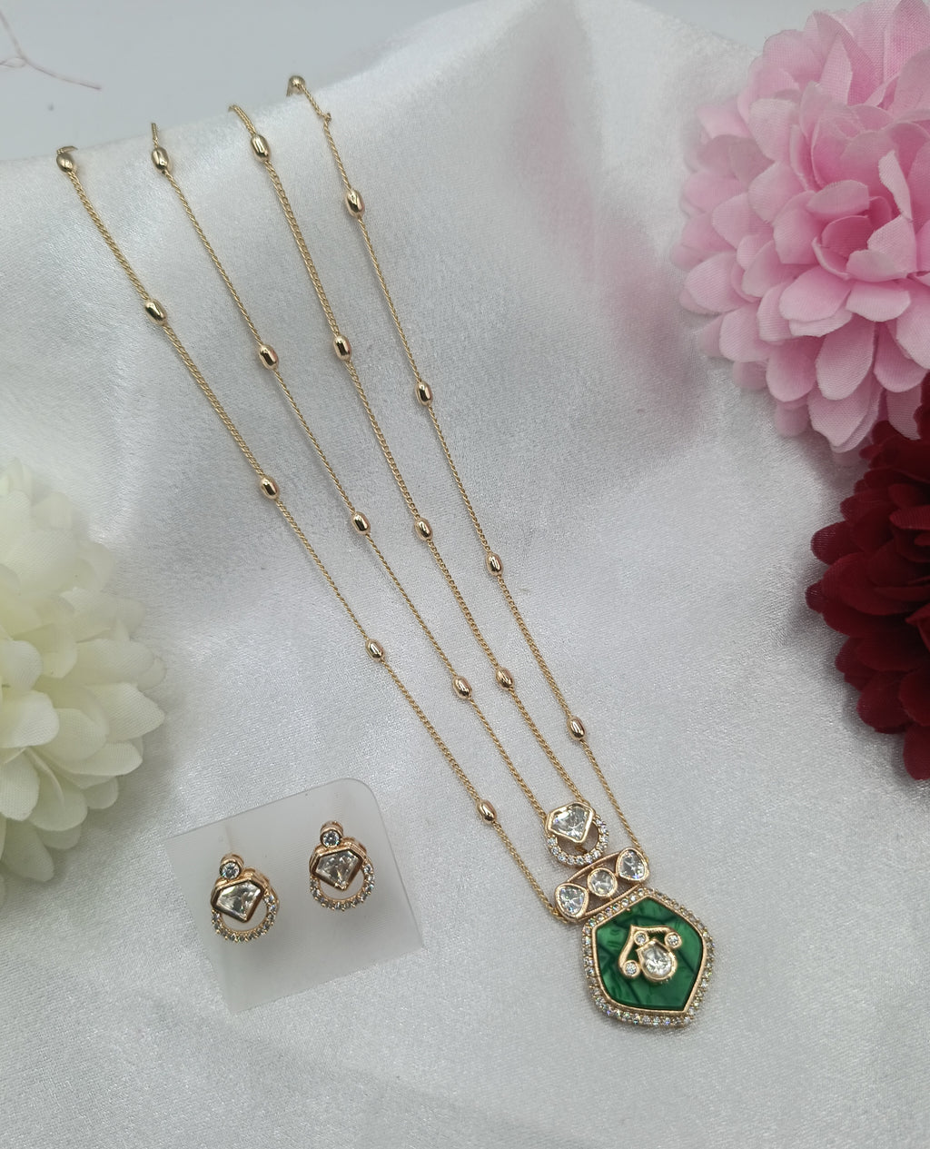 Ritika Emerald Green Gold Plated Double Chain Kundan Moissanite Pendant Set