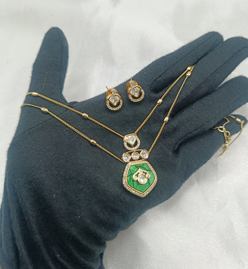 Ritika Emerald Green Gold Plated Double Chain Kundan Moissanite Pendant Set