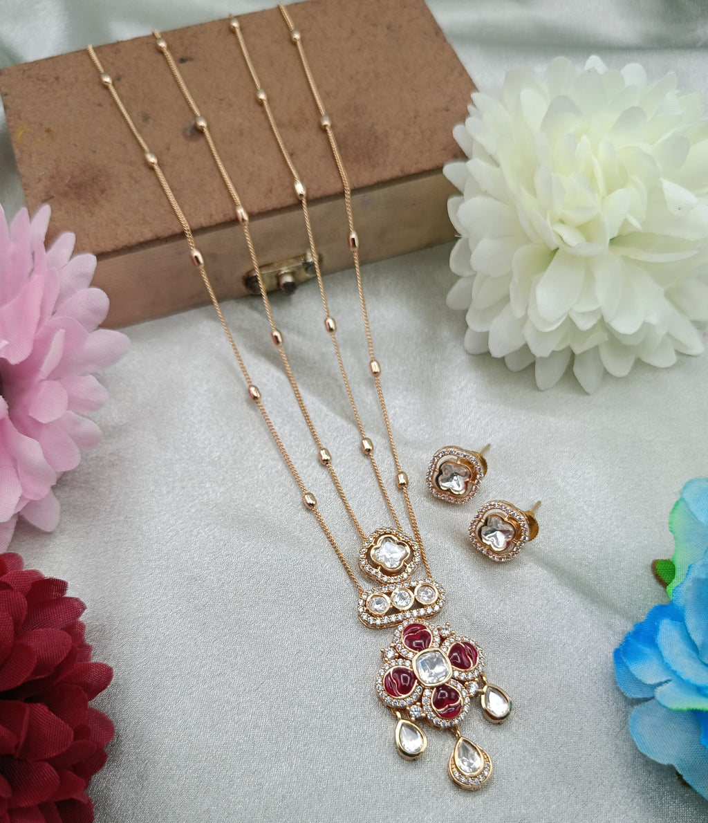 Avantika Ruby Epoxy Brass Gold Plated Double Chain Kundan Moissanite Pendant Set