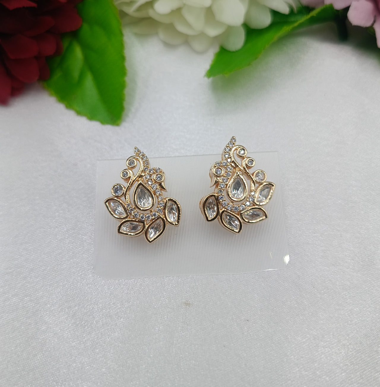 Shanaya Peacock Shape Brass Gold Plated Kundan Moissanite Studs Tops Earrings