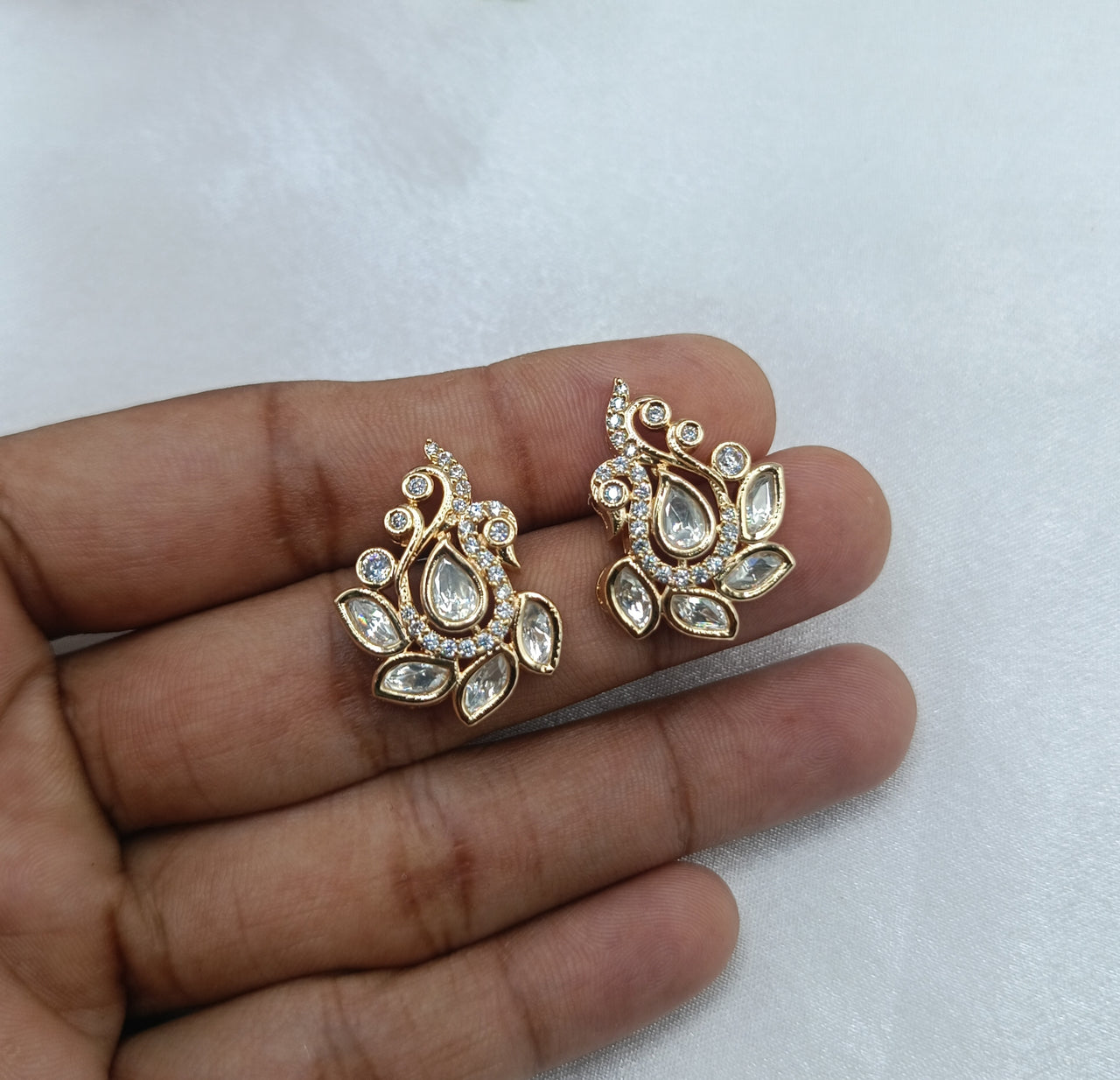 Shanaya Peacock Shape Brass Gold Plated Kundan Moissanite Studs Tops Earrings