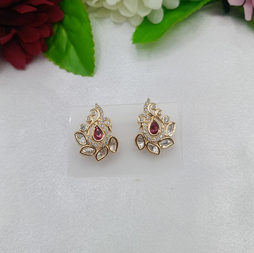 Shanaya Peacock Shape Brass Gold Plated Kundan Moissanite Studs Tops Earrings