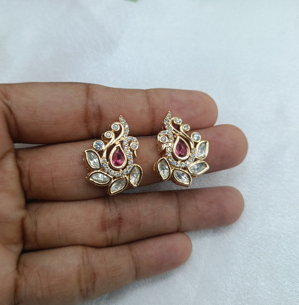 Shanaya Peacock Shape Brass Gold Plated Kundan Moissanite Studs Tops Earrings