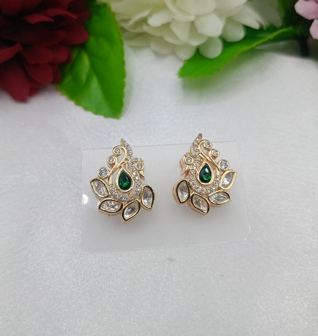 Shanaya Peacock Shape Brass Gold Plated Kundan Moissanite Studs Tops Earrings