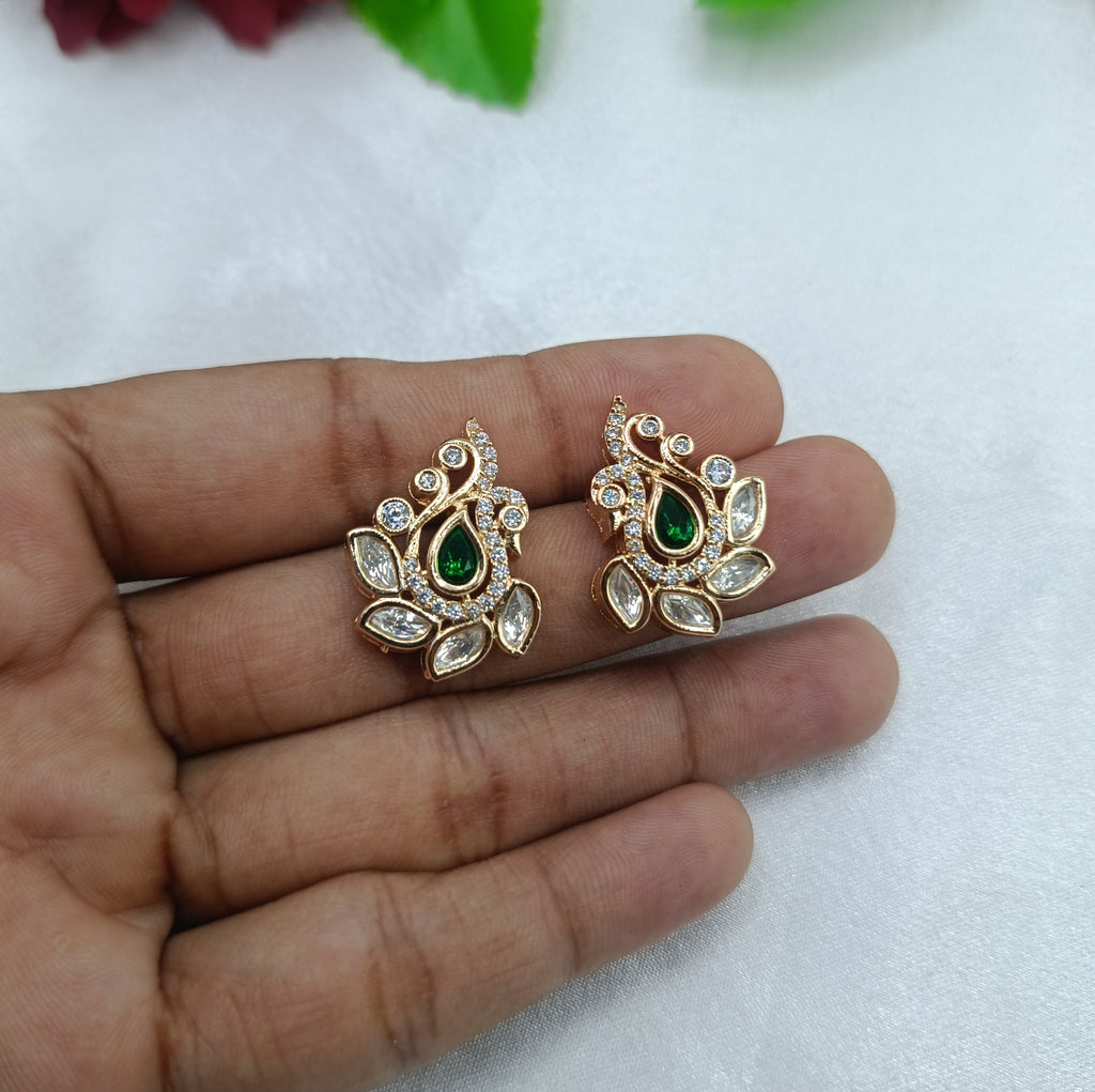 Shanaya Peacock Shape Brass Gold Plated Kundan Moissanite Studs Tops Earrings