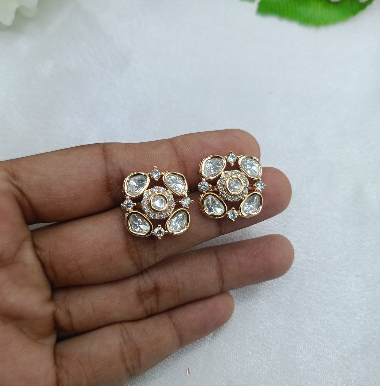 Vamika Gold Plated Kundan Moissanite Studs Tops Earrings