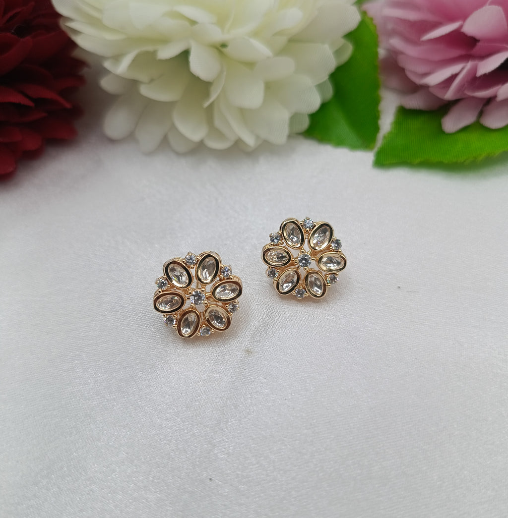 Oval Flower Gold Plated Kundan Moissanite Stud Tops Earrings