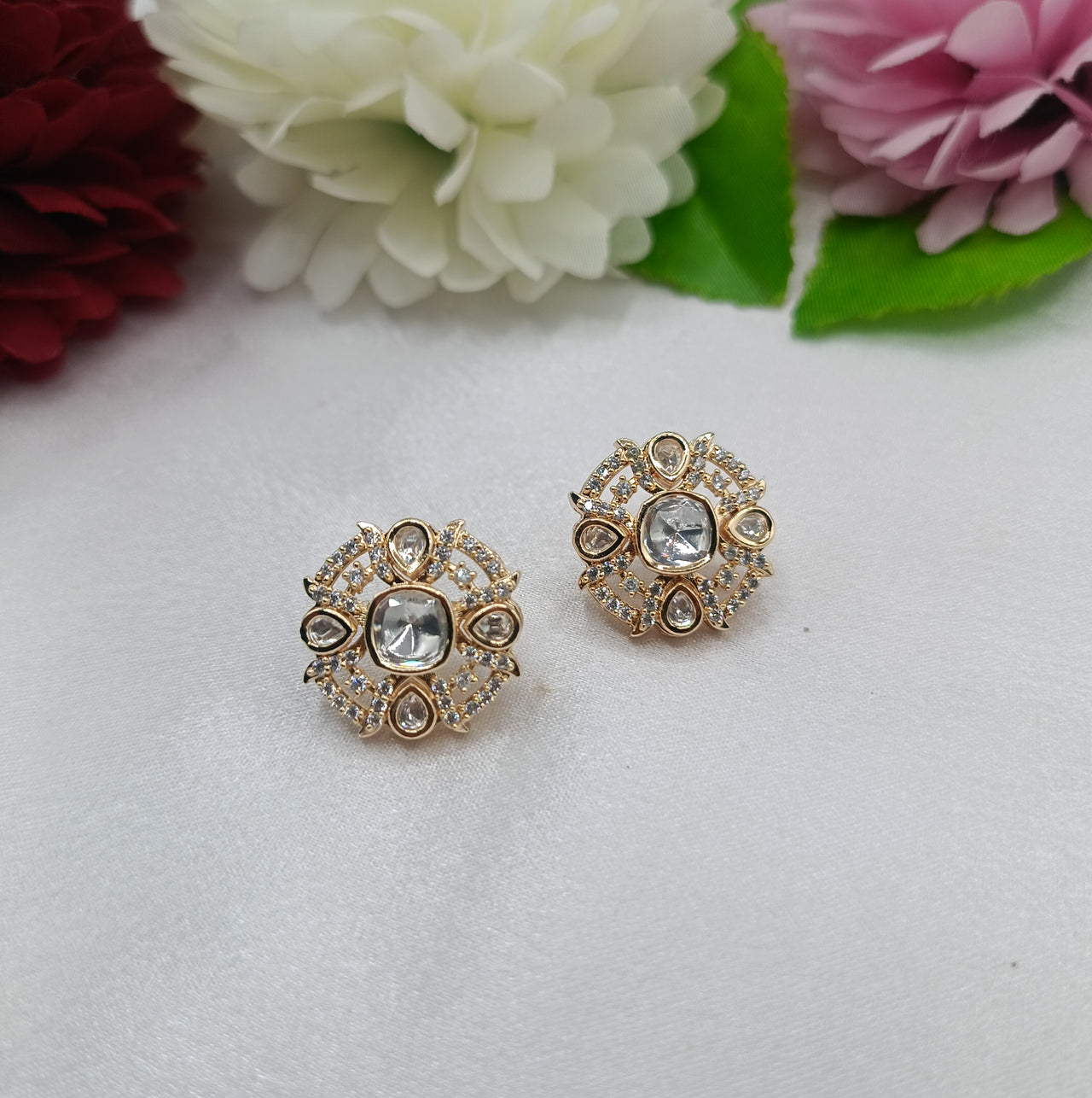 Shivani Brass Gold Plated Kundan Moissanite Studs Tops Earrings