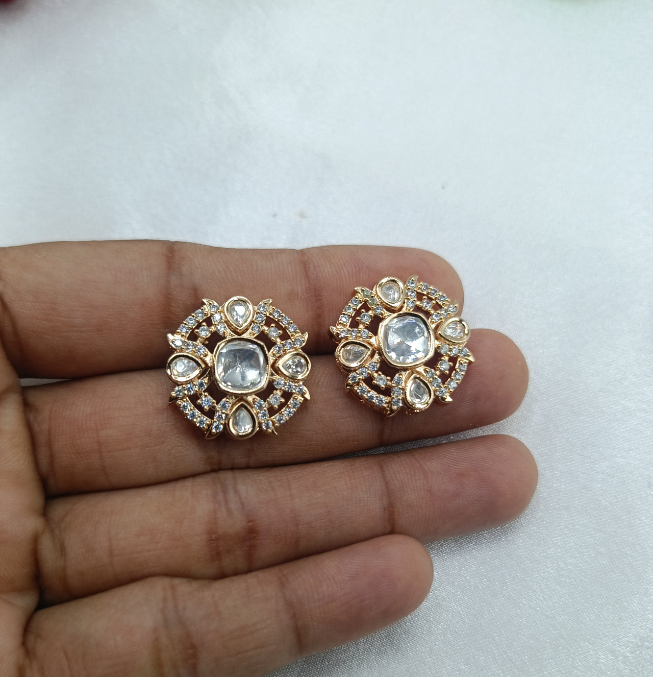 Shivani Brass Gold Plated Kundan Moissanite Studs Tops Earrings