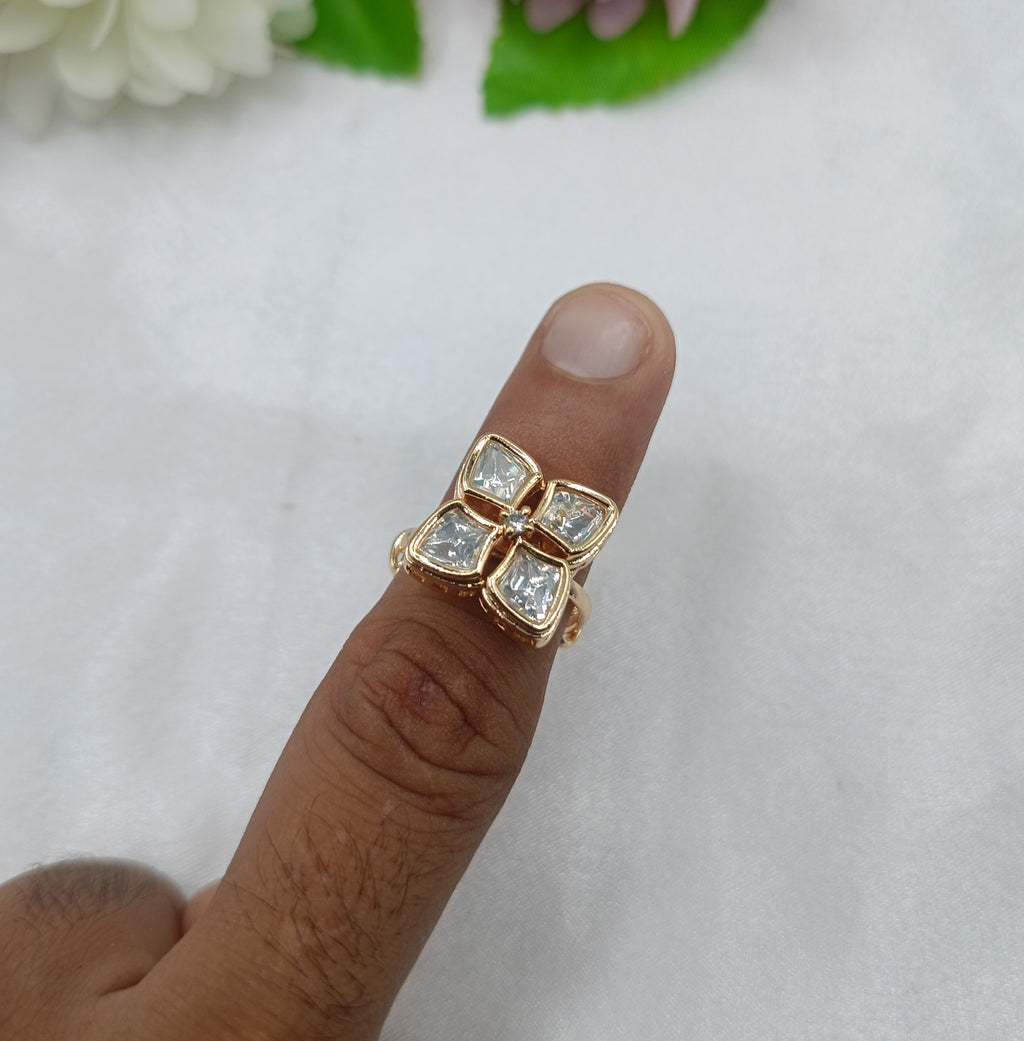 Navita Brass Gold Kundan Moissanite Premium Luxury Finger Ring