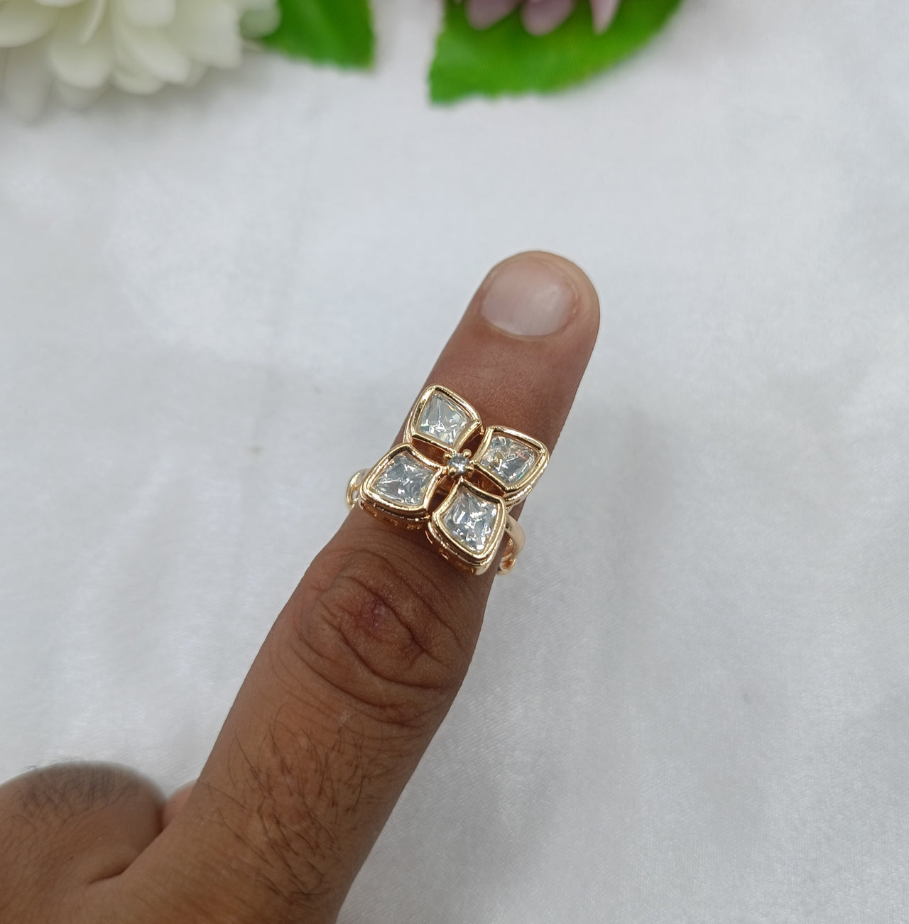 Navita Brass Gold Kundan Moissanite Premium Luxury Finger Ring