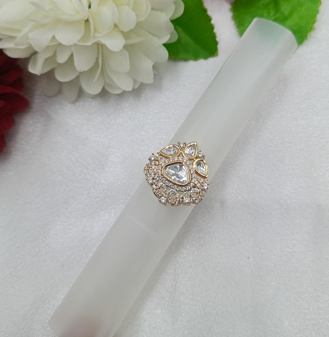 Ruchita Brass Gold Plated Kundan Moissanite Finger Ring