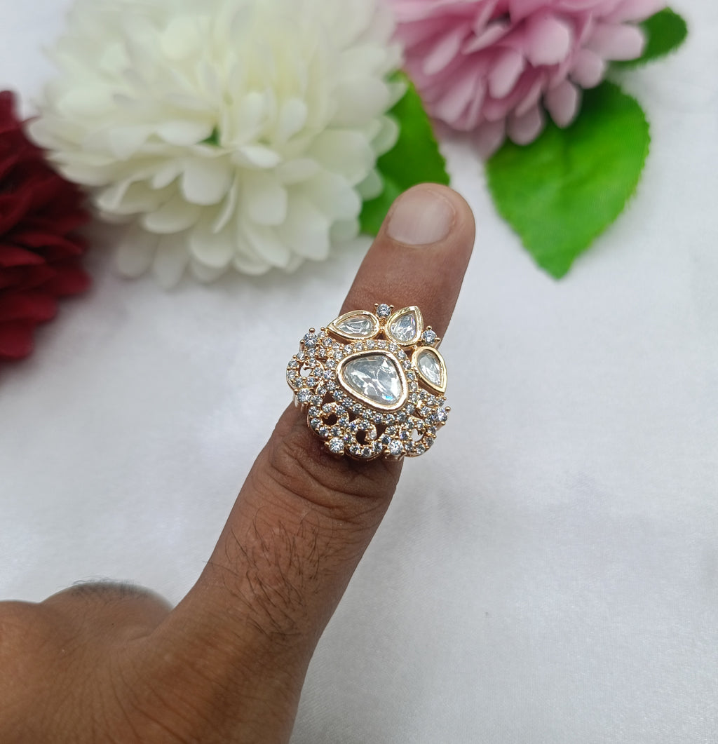 Ruchita Brass Gold Plated Kundan Moissanite Finger Ring