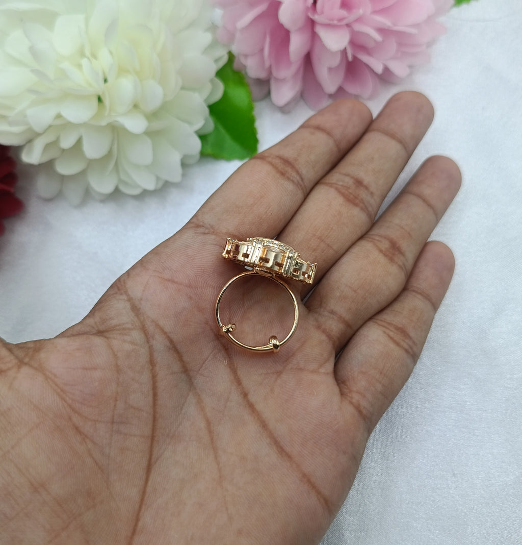 Ruchita Brass Gold Plated Kundan Moissanite Finger Ring