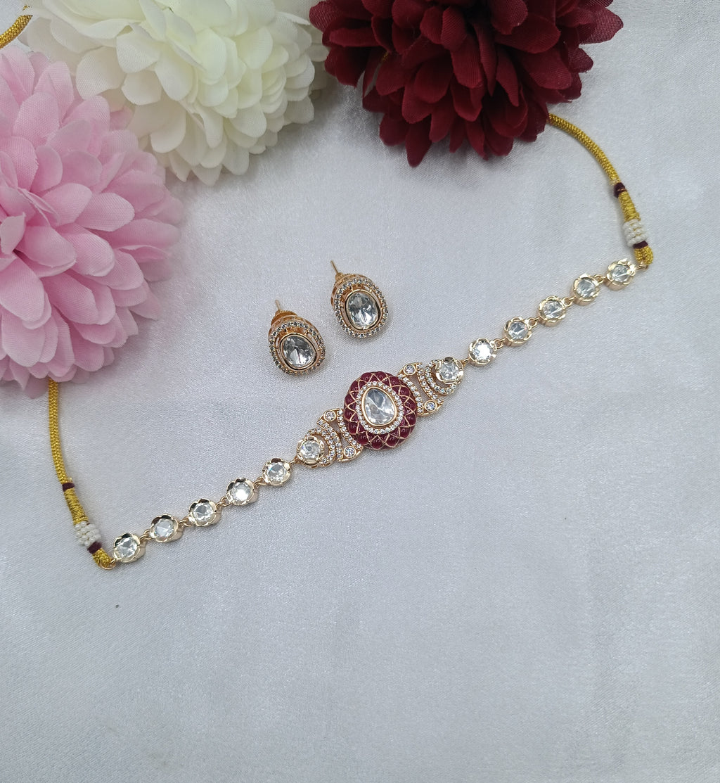 Subhadra Brass Gold Plated Kundan Moissanite Choker Necklace Set
