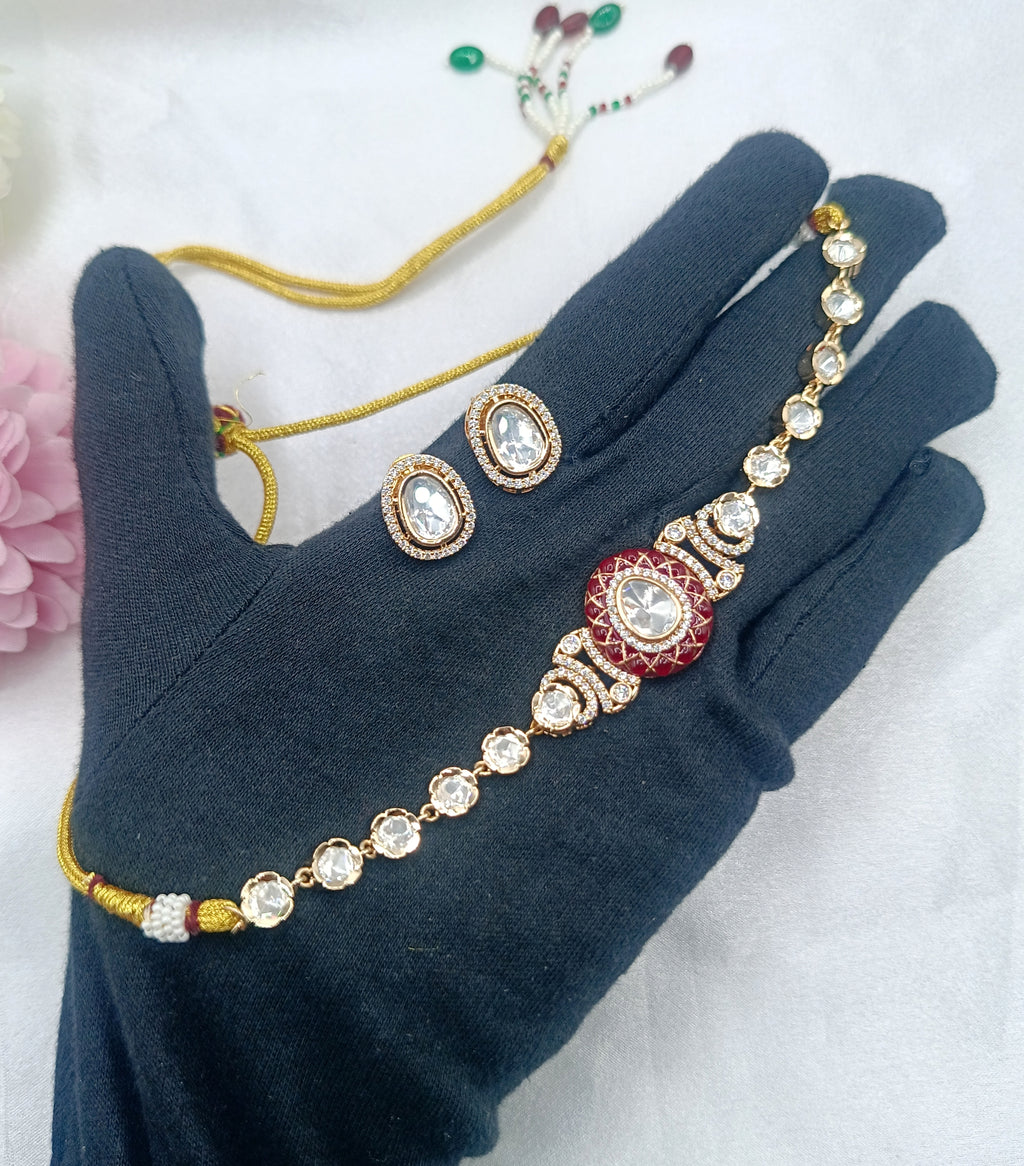 Subhadra Brass Gold Plated Kundan Moissanite Choker Necklace Set