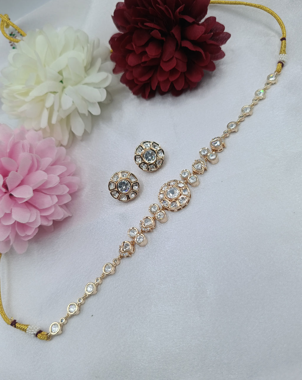 Ritvika Brass Gold Plate Moissanite Choker Necklace Set