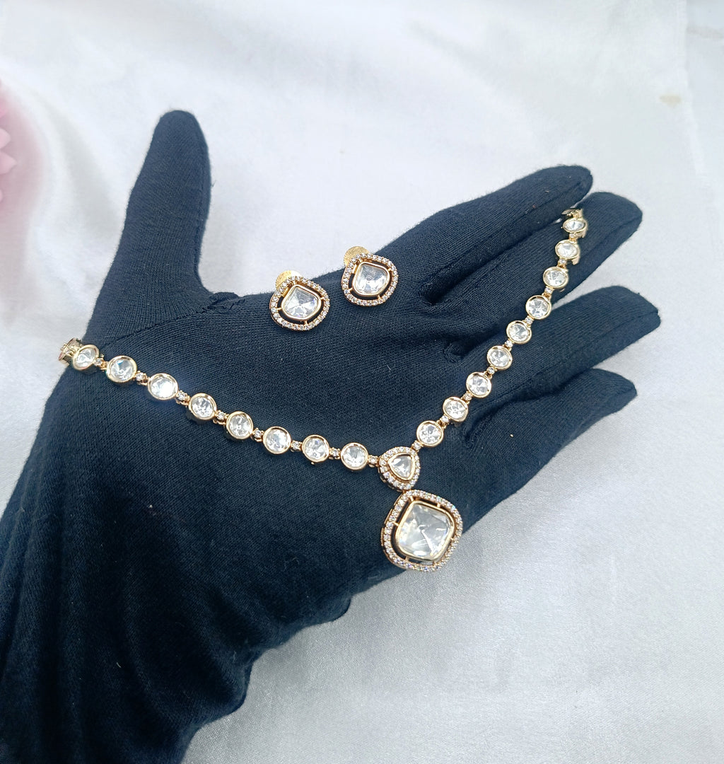 Gunvanti Brass Gold Plated Kundan Moissanite Necklace Set