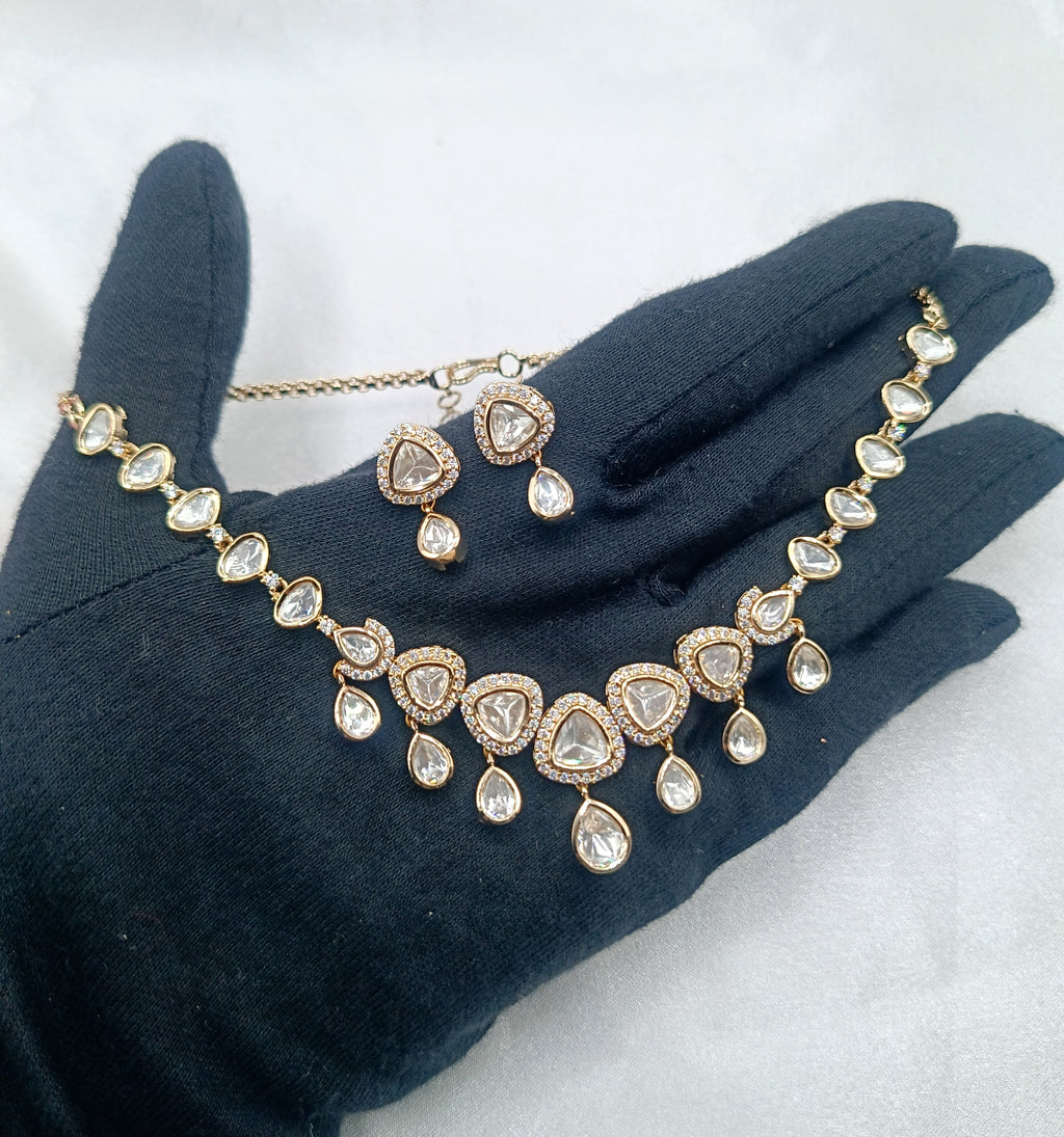 Madhurika Brass Gold Plated Kundan Moissanite Necklace Set