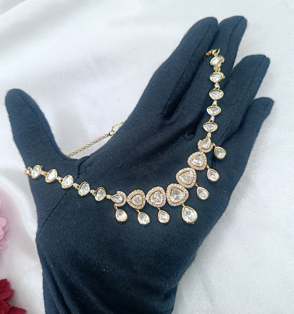 Madhurika Brass Gold Plated Kundan Moissanite Necklace Set