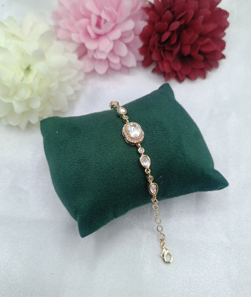 Brass Gold Plated Rectangle Kundan Moissanite Bracelet