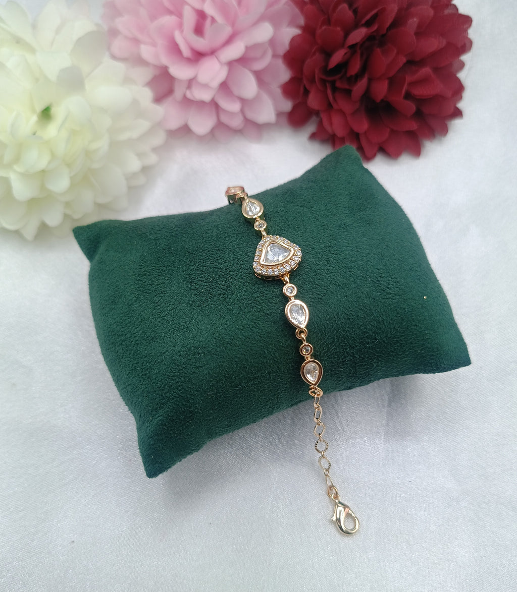 Brass Gold Plated Triangle Kundan Moissanite Bracelet