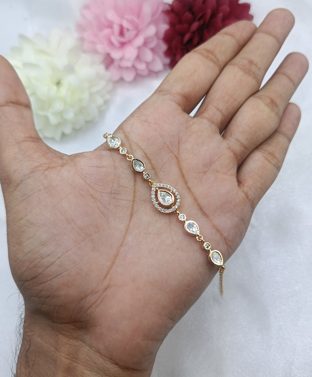 Shree Shani Jewels Brass Gold Plated Tilak Kundan Moissanite Bracelet