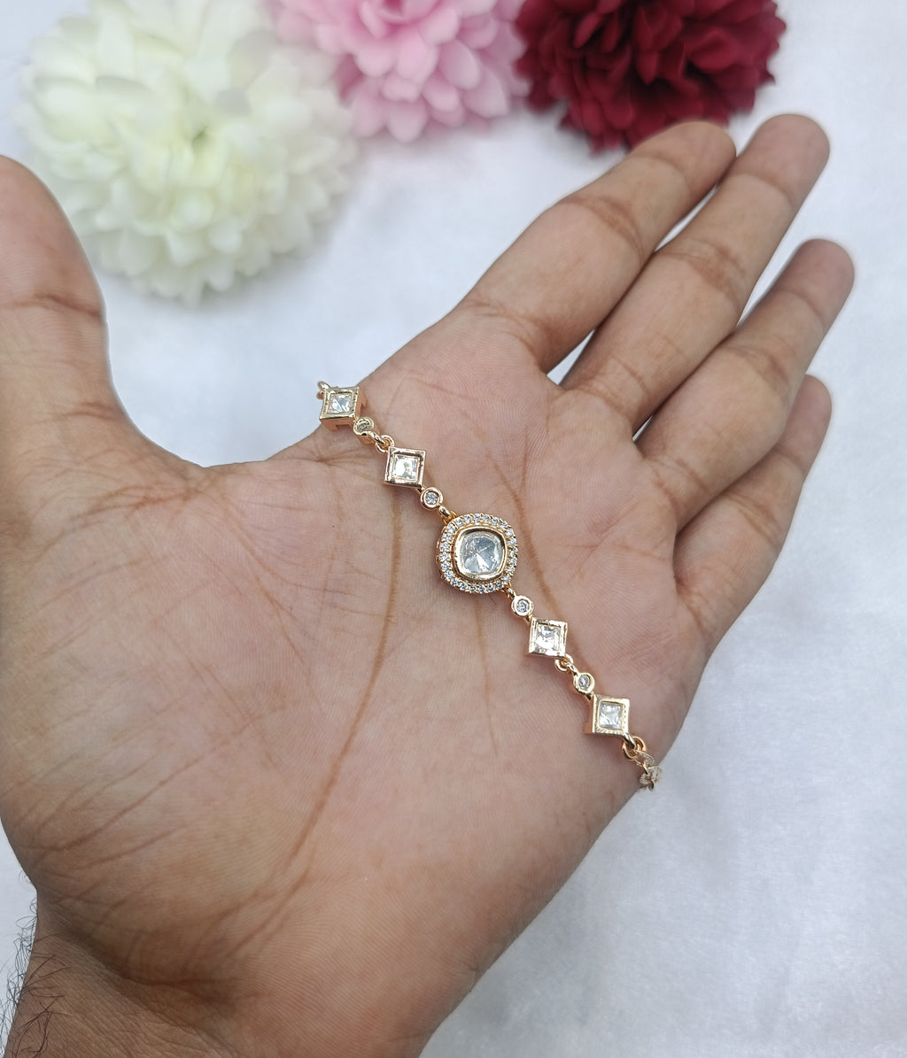 Brass Gold Plated Uncut Round Kundan Moissanite Bracelet