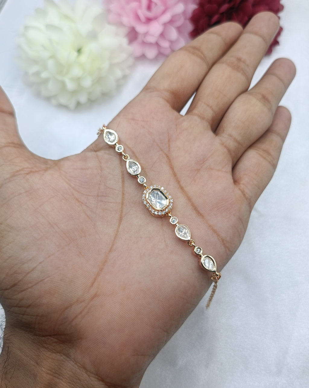 Brass Gold Plated Rectangle Kundan Moissanite Bracelet
