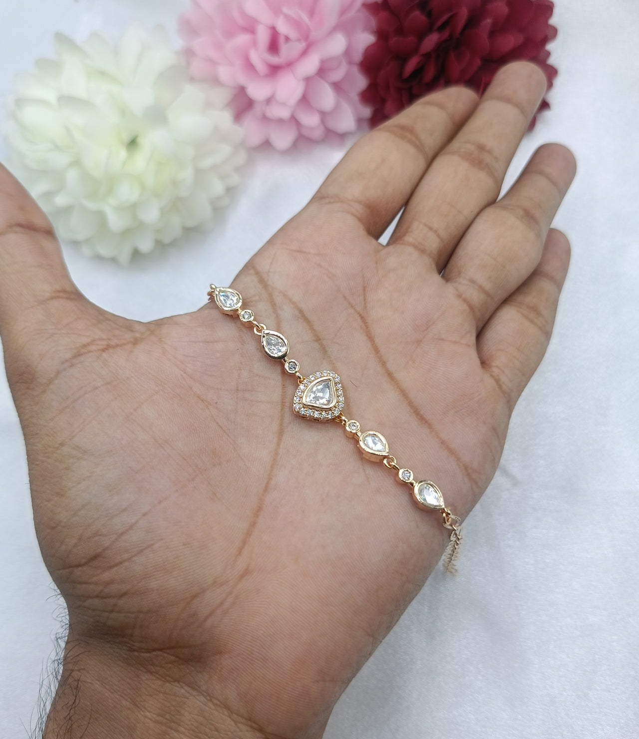 Brass Gold Plated Triangle Kundan Moissanite Bracelet