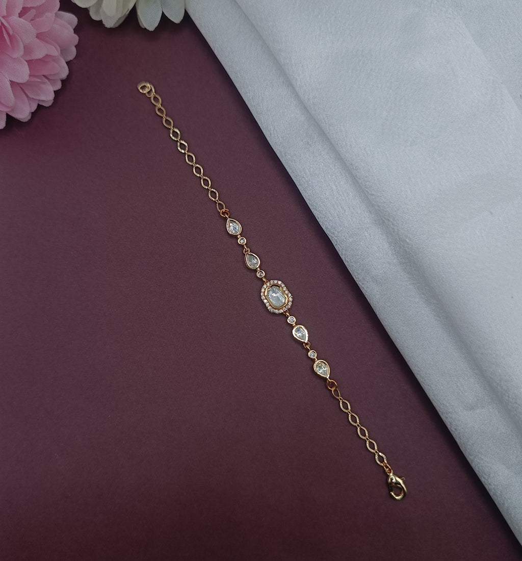 Brass Gold Plated Rectangle Kundan Moissanite Bracelet