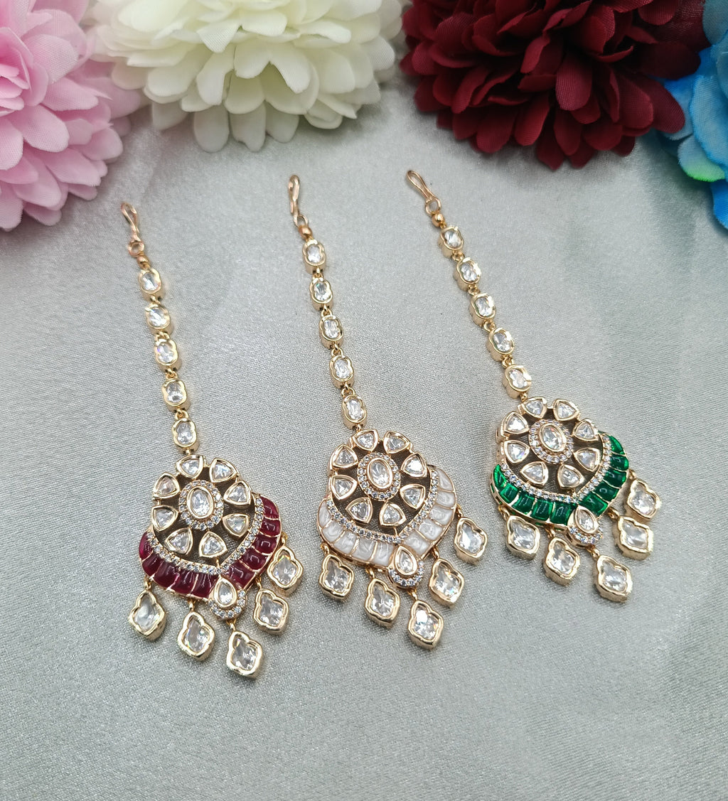 Noor Mahal Kundan Maang Tikka Collection in Ruby Red, Ivory White and Emerald Green by Shree Shani Jewels