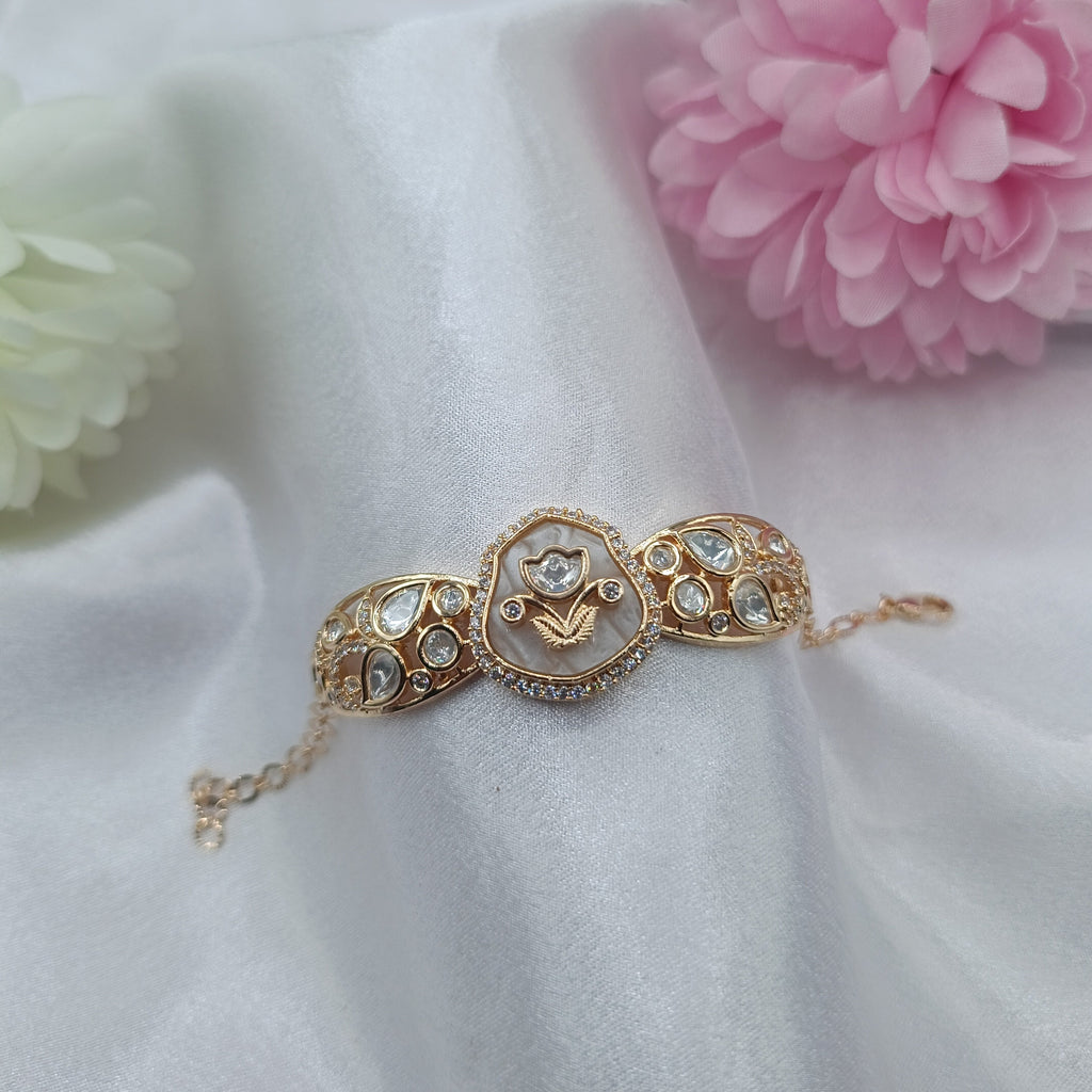 Pearl Bloom MOP Kada Bracelet with Kundan Stones by Shree Shani Jewels
