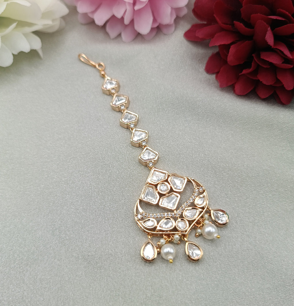 Pearl Crescent Kundan Maang Tikka with Pearl Danglers by Shree Shani Jewels

