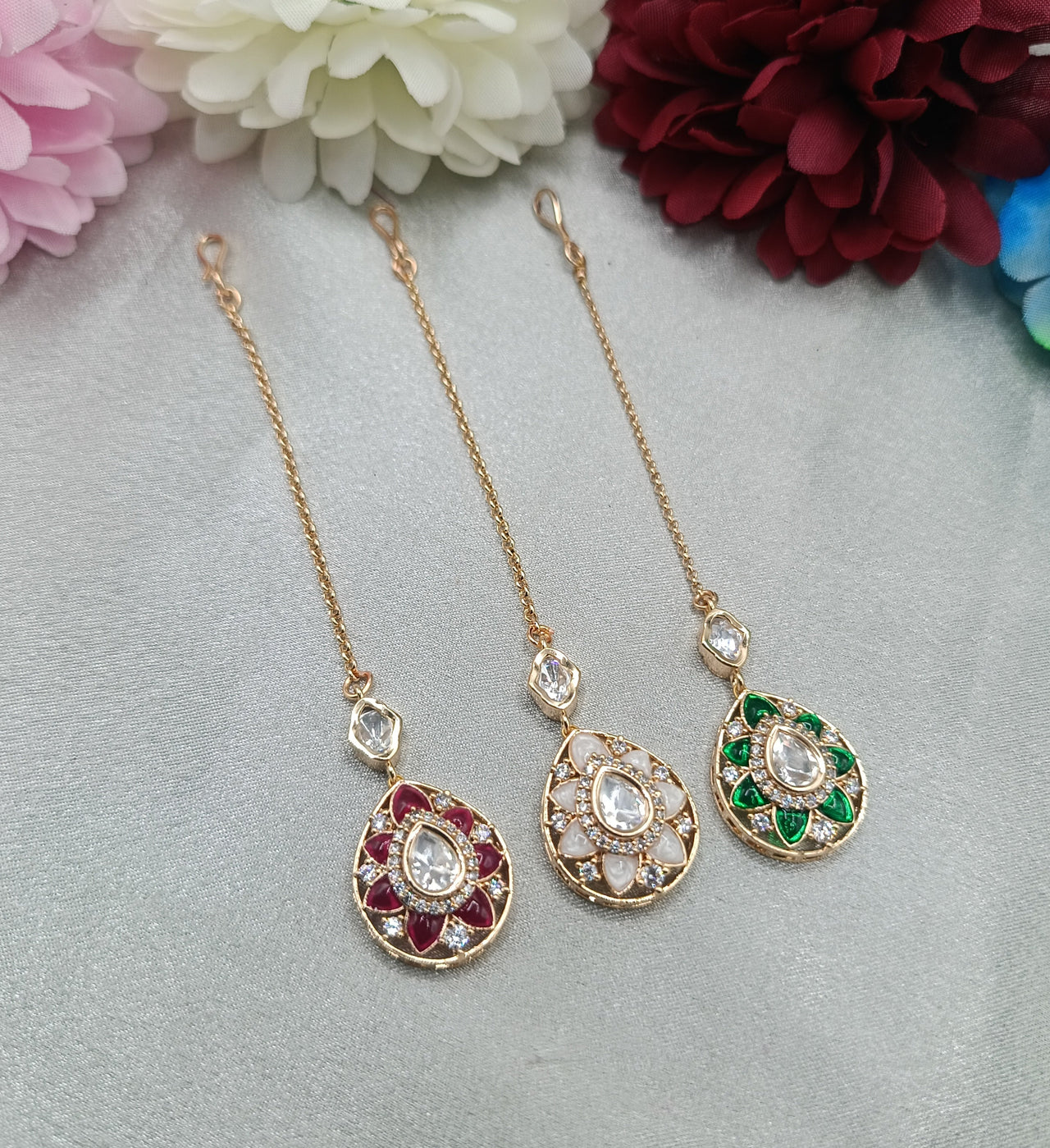Pushpika Floral Kundan Maang Tikka Collection in Ruby Red, Pearl White and Emerald Green by Shree Shani Jewels