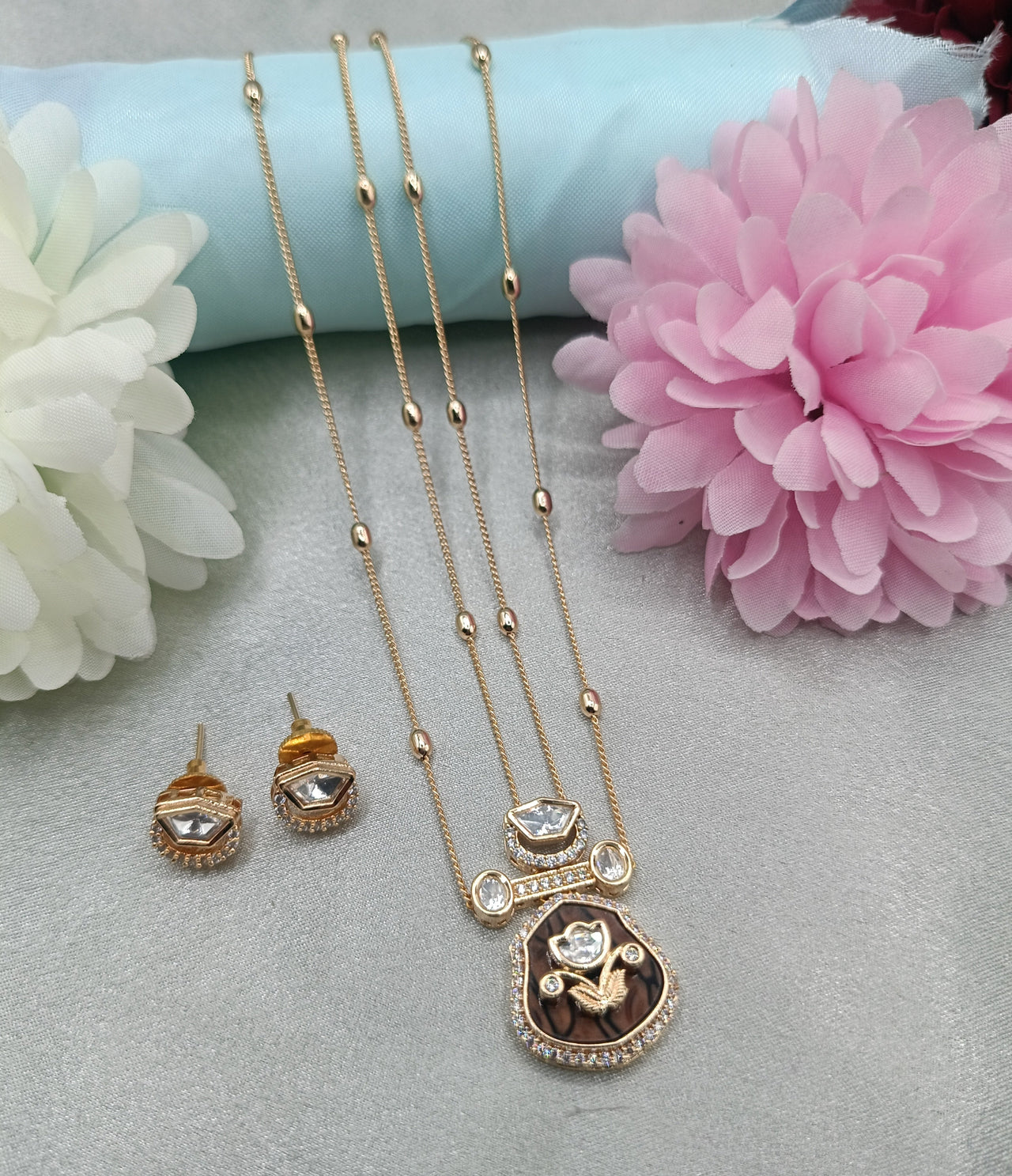 Royal Bloom Kundan Pendant Chain Set with Matching Earrings by Shree Shani Jewels