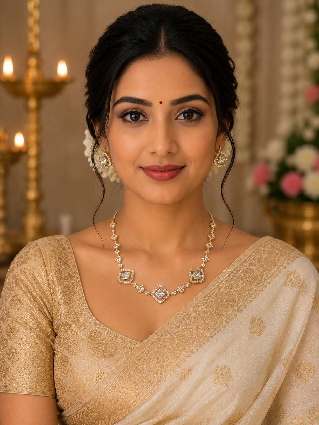 Shree Shani Jewels Royal Princess Cut Kundan Moissanite Necklace Set with Earrings