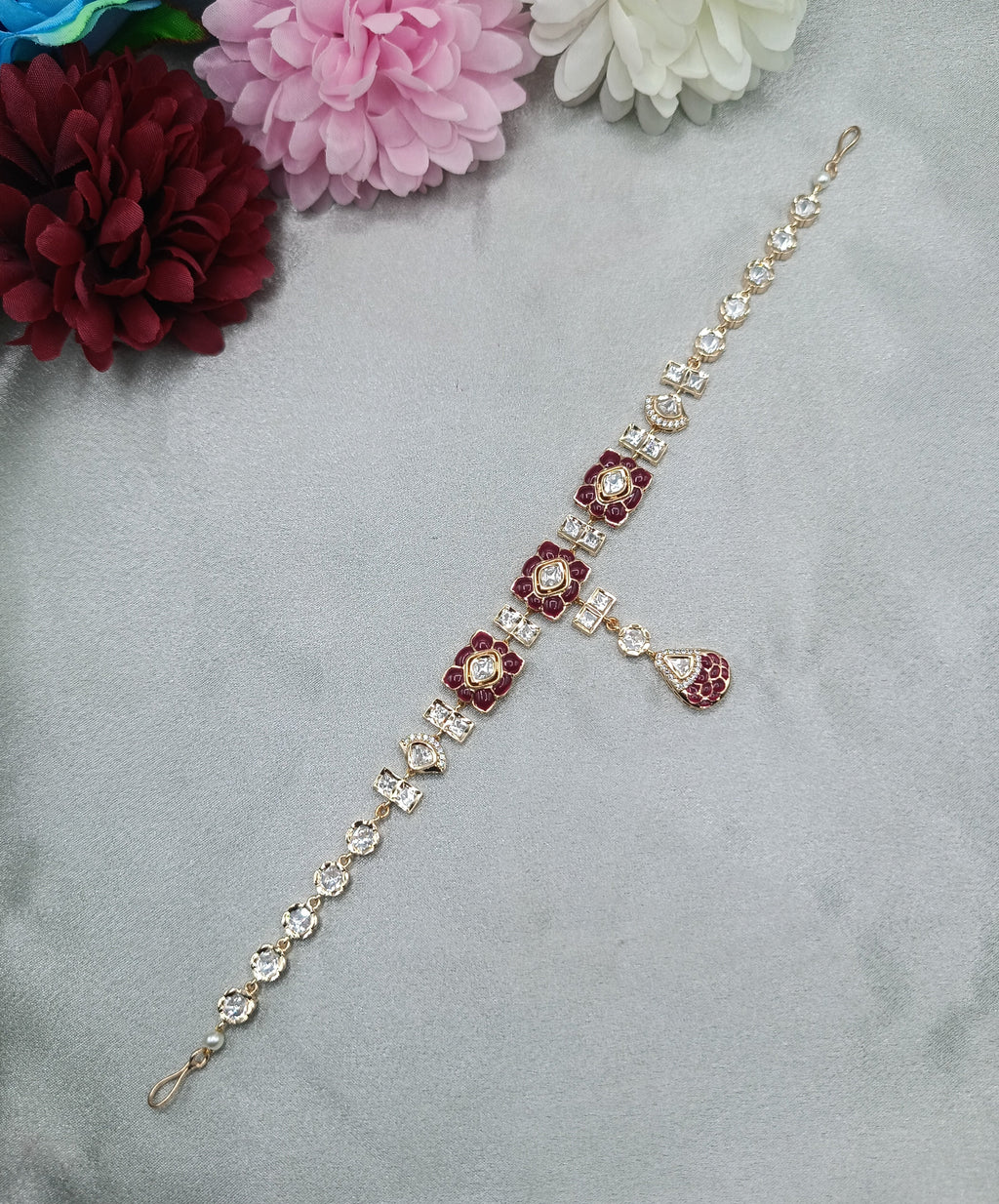 Ruby Blossom Kundan Maang Tikka with Floral Red Enamel Design by Shree Shani Jewels