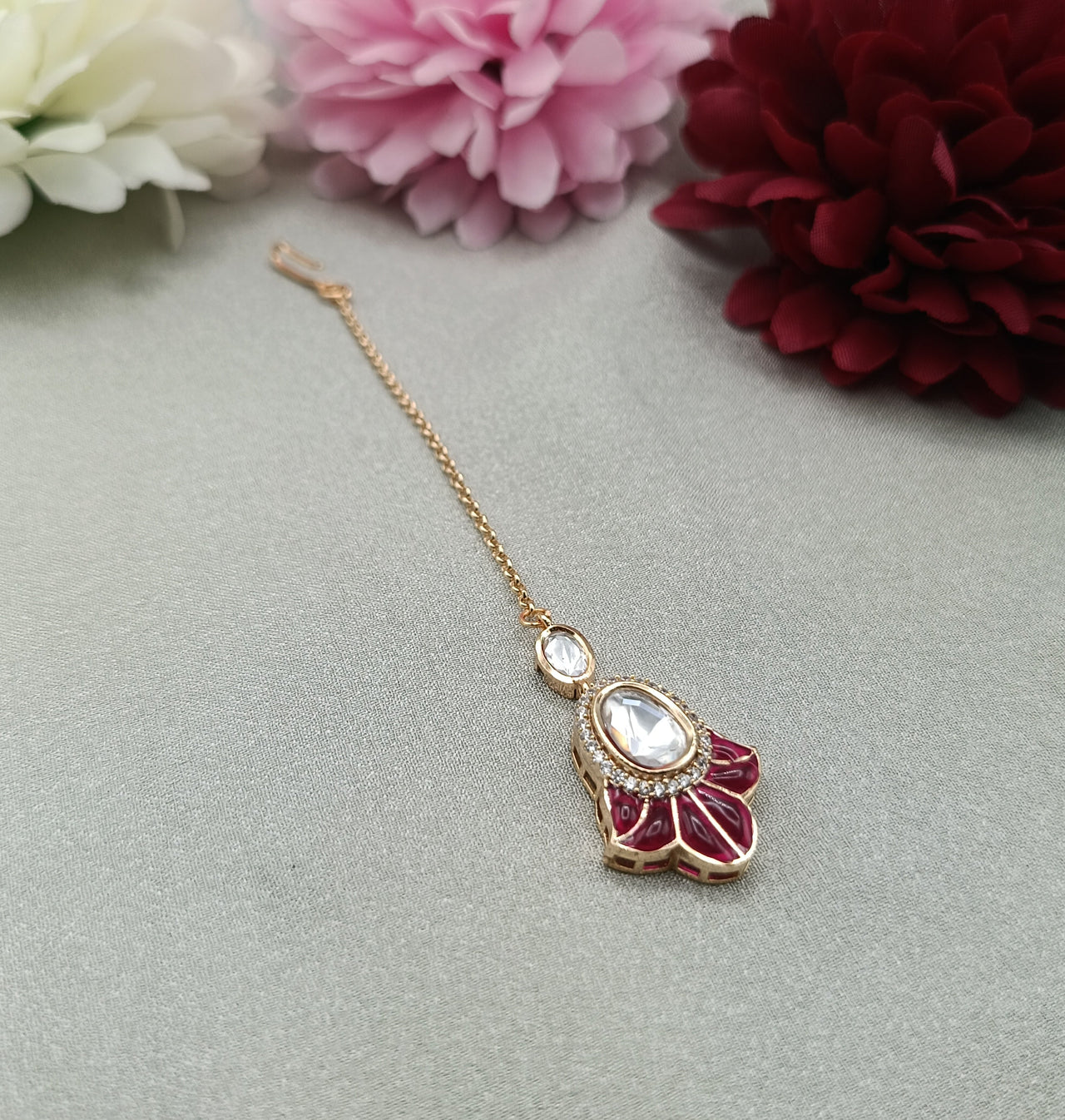 Ruby Petal Floral Kundan Maang Tikka by Shree Shani Jewels
