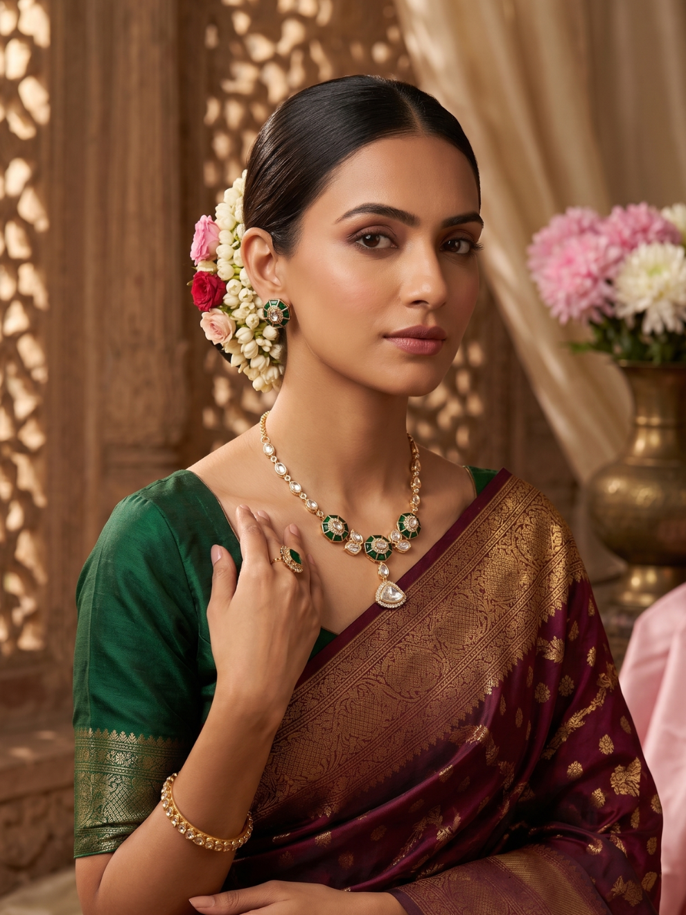 Shree Shani Jewels Emerald Elegance Kundan Moissanite Necklace Set with Earrings