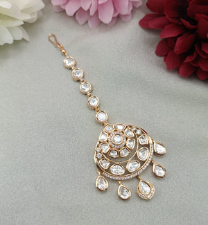 Surya Chand Kundan Maang Tikka with Teardrop Danglers by Shree Shani Jewels
