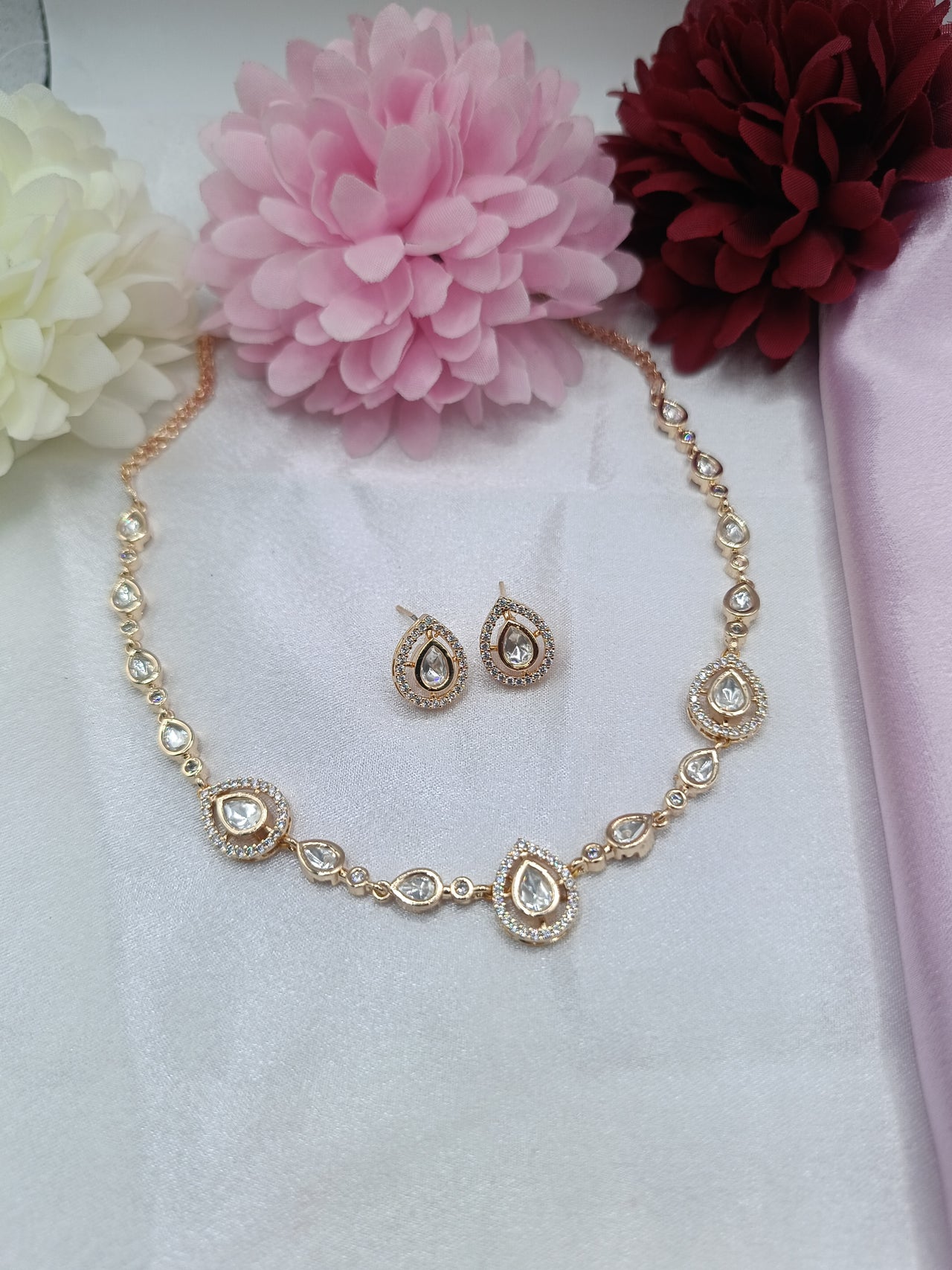 Teardrop Sparkle Kundan Necklace Set with Matching Earrings by Shree Shani Jewels

