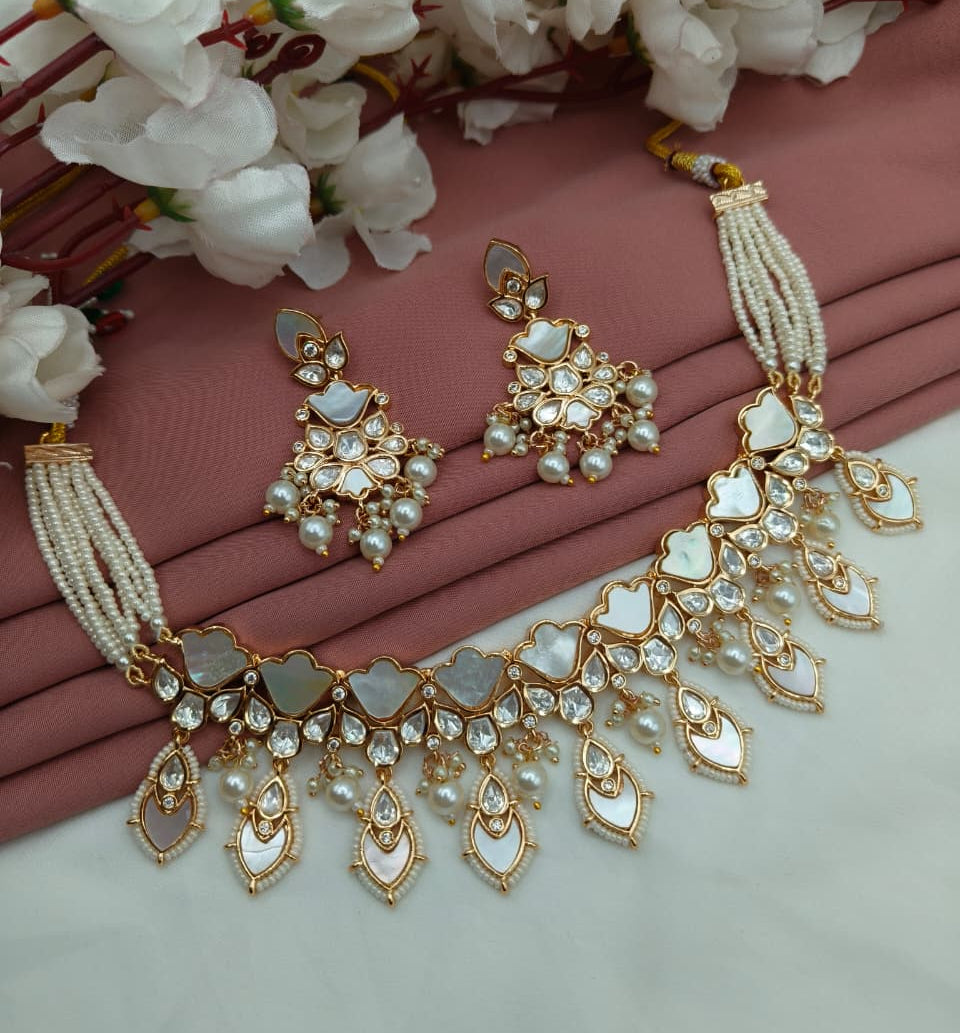 Shree Shani Jewels Umiya Real Mother of Pearl Kundan Moissanite Necklace Set with Earrings & Mang Tika