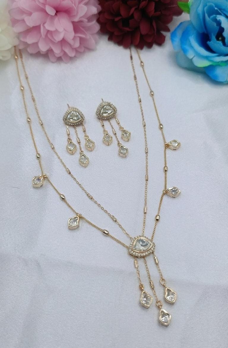 Elowen 2 Layer Chain Pendant Set with Kundan Moissanite Fan Pendant & Stud Earrings | Shree Shani Jewels