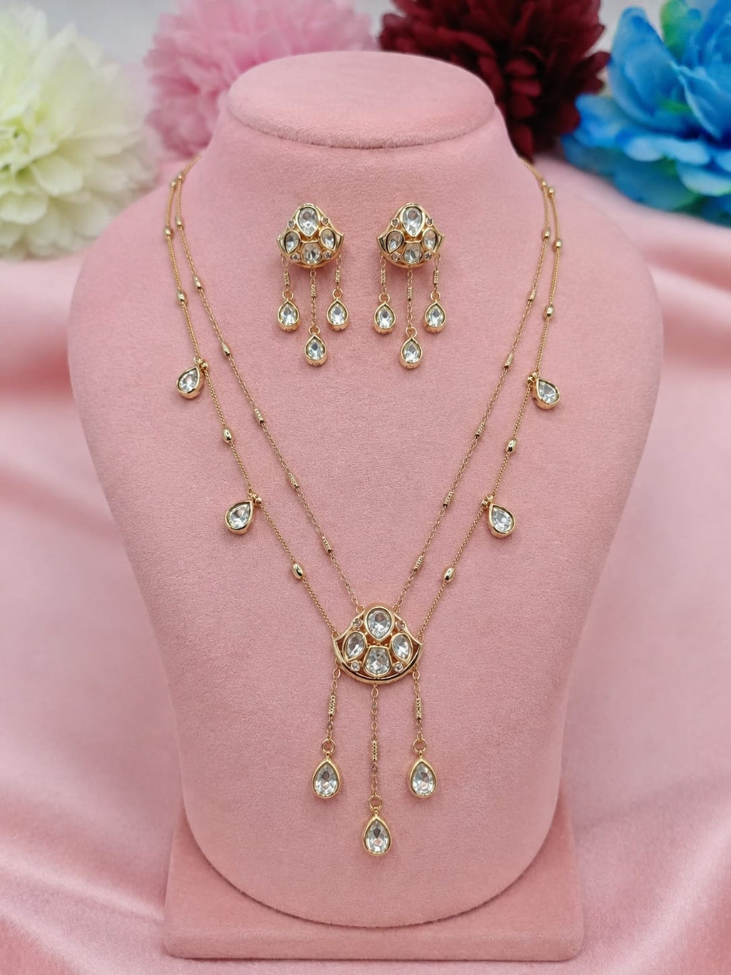 Aurelia 2 Layer Chain Pendant Set with Oval Kundan Moissanite Pendant & Stud Earrings | Shree Shani Jewels