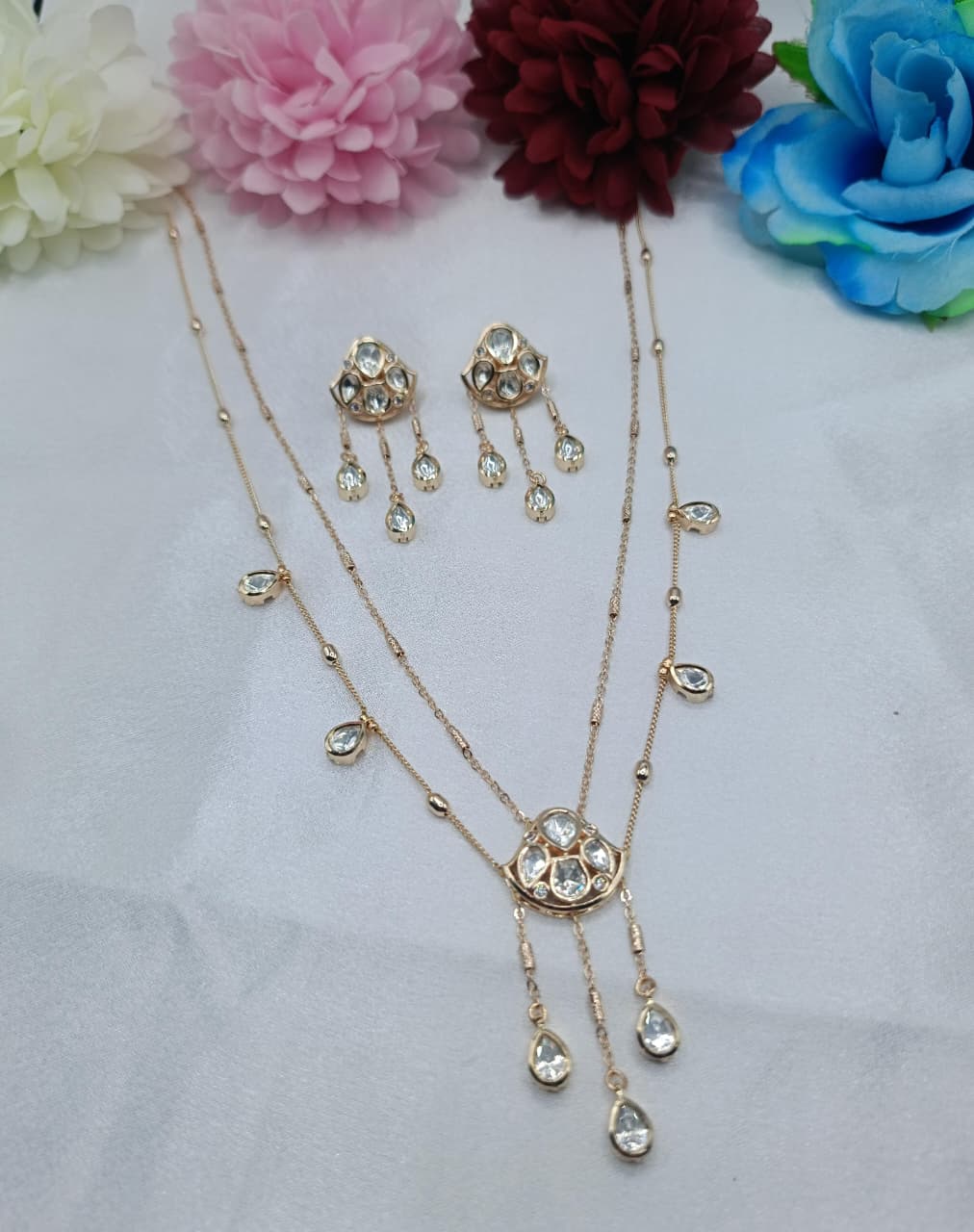 Aurelia 2 Layer Chain Pendant Set with Oval Kundan Moissanite Pendant & Stud Earrings | Shree Shani Jewels