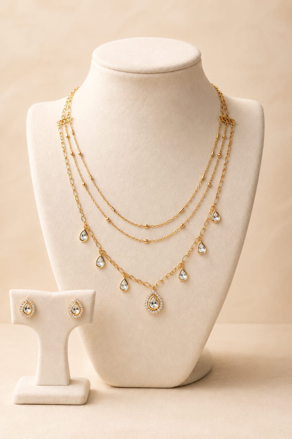 Elara 3 Layer Chain Pendant Set with Kundan Moissanite Pendant & Earrings | Shree Shani Jewels